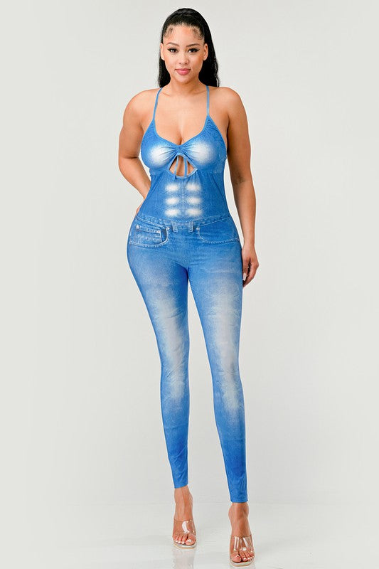 Faded Abs Illusion Bodycon Jumpsuit in BLUE - cropped, cardigan - detail view