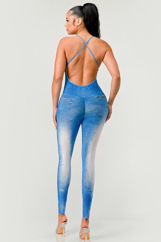 Faded Abs Illusion Bodycon Jumpsuit in BLUE - cropped, cardigan - view 7