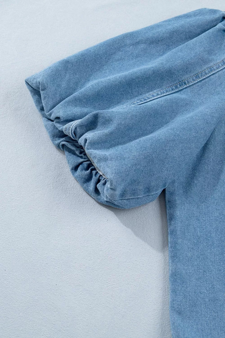 Button-down puff sleeve denim mini dress with ruffle hem