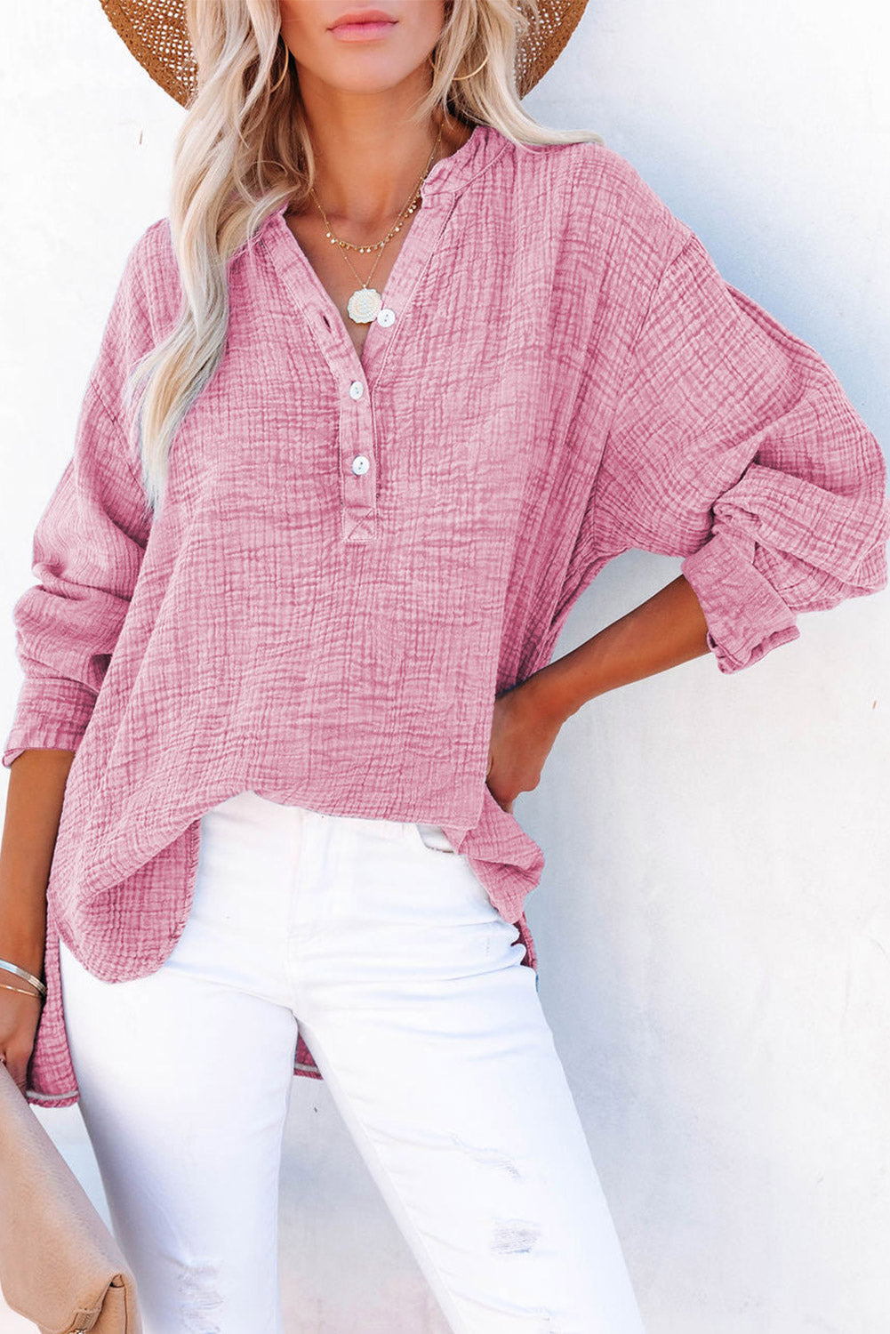 Dusty Pink Textured cotton blouse with half-button placket and long sleeves