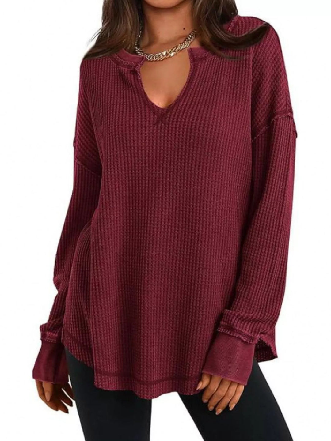 Burgundy Red Waffle knit notched neck long sleeve tunic top
