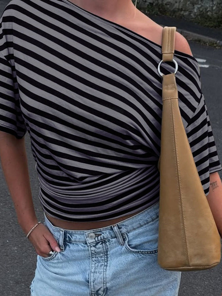 Striped one-shoulder crop top with twist front