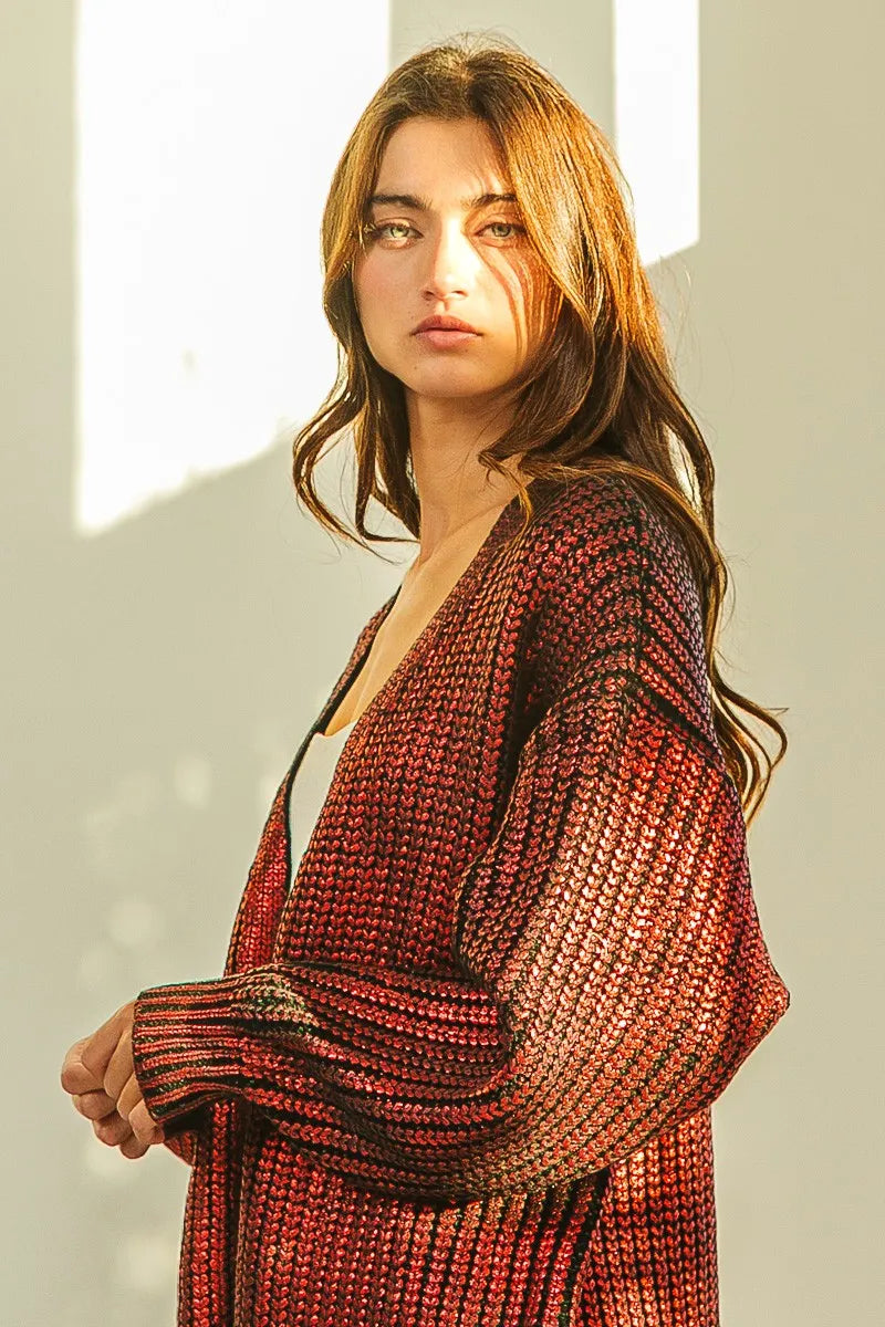 Metallic ribbed knit open-front longline cardigan