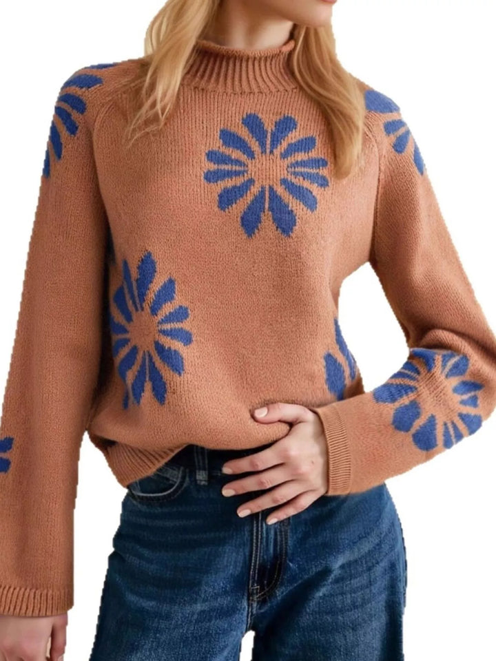 Floral intarsia mock neck raglan sleeve knit sweater