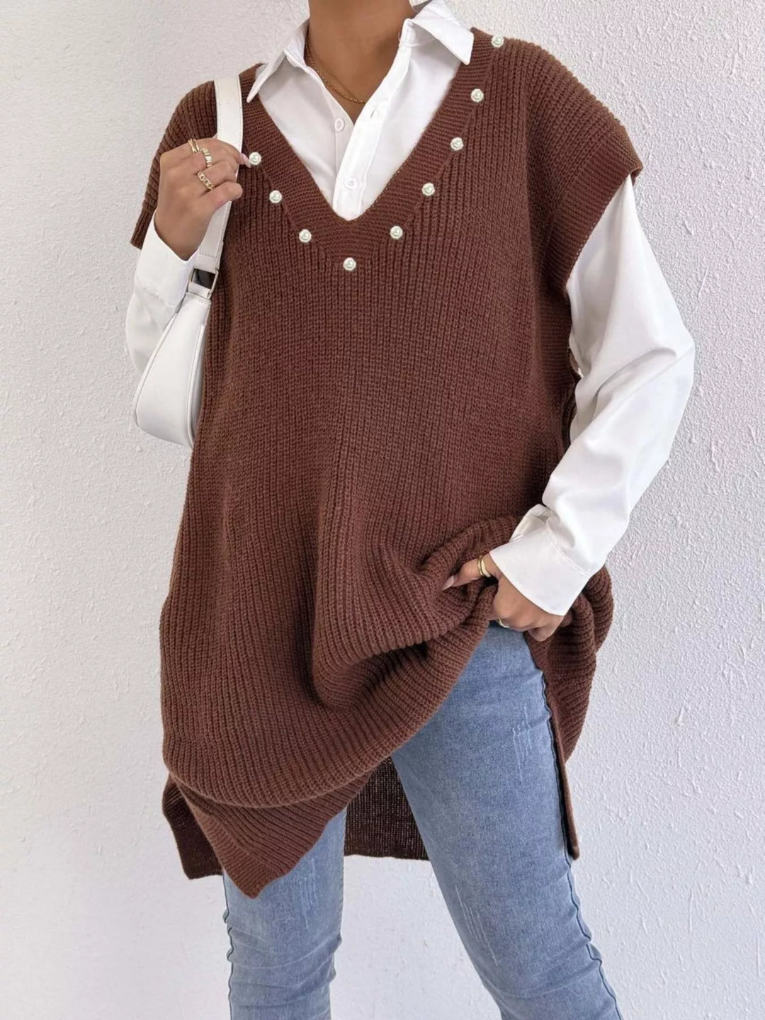 Pearl-trim V-neck ribbed sweater dress with side slits