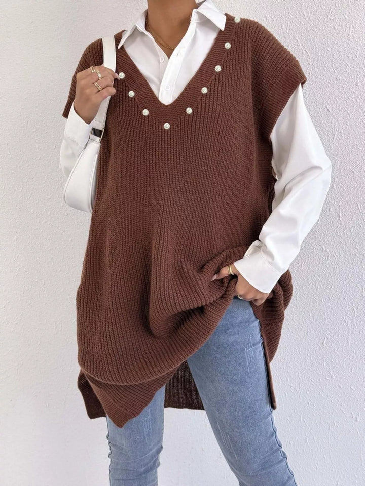 Pearl-trim V-neck ribbed sweater dress with side slits