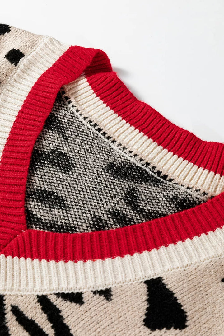 Leopard print v-neck sweater with contrast varsity rib trim