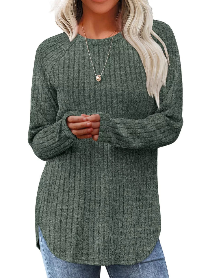 Grass Green Ribbed knit crew neck long sleeve top with curved hem