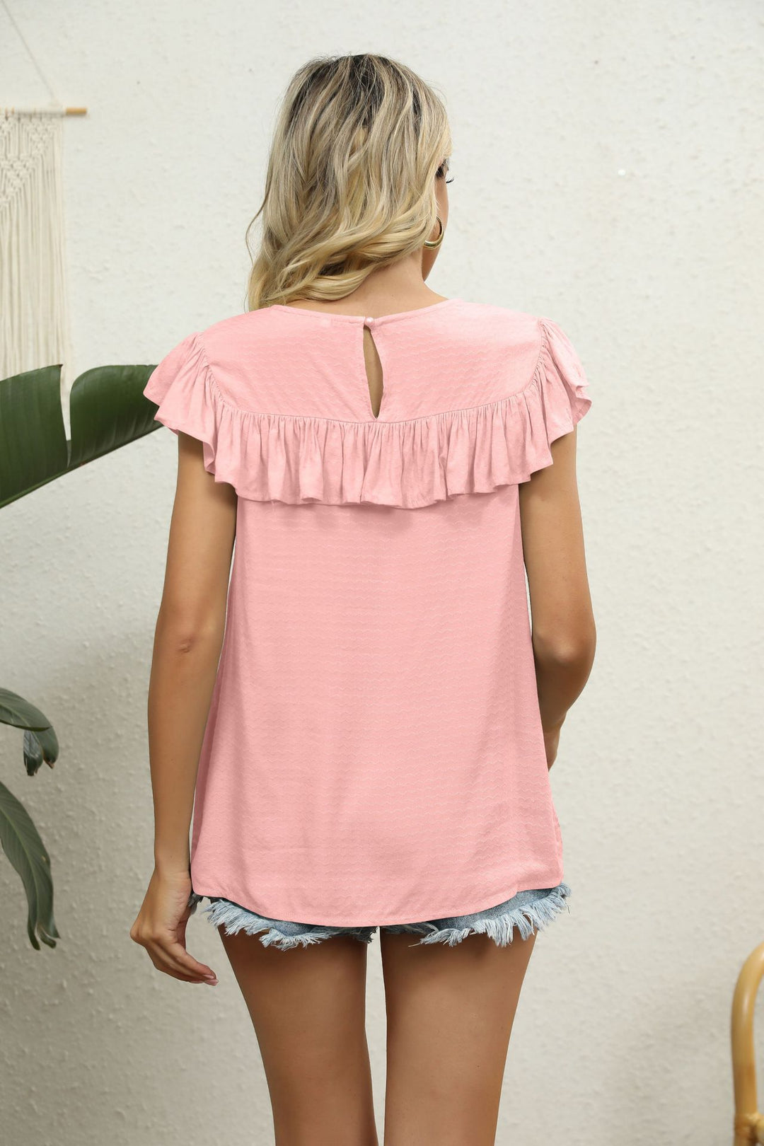 Crochet lace yoke flutter sleeve ruffle blouse