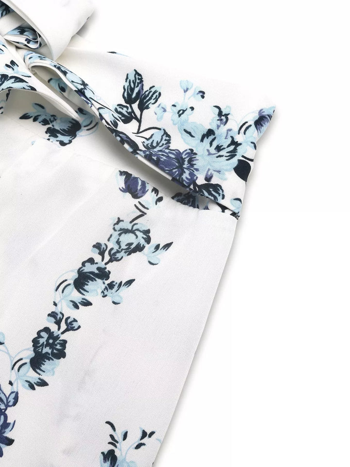 Floral print tie-front wide-leg pants with ruched waist