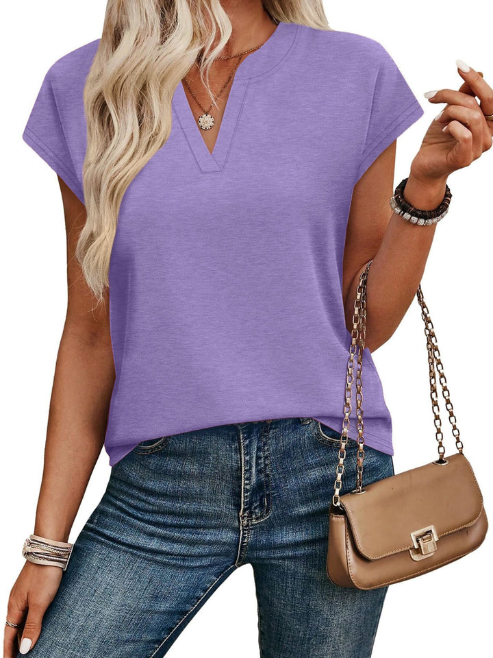 Notched V-neck short sleeve relaxed knit top