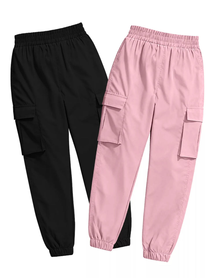 Elastic waist cargo jogger pants with flap pockets, 2-piece set