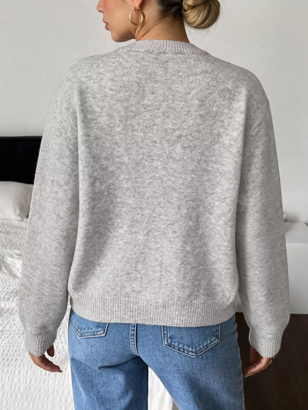 Brushed knit button-down cardigan with ribbed crew neck