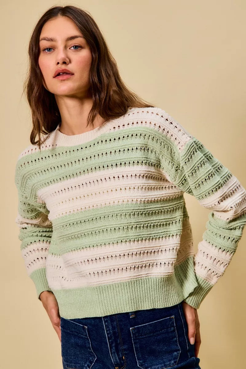 Openwork wide-stripe crew neck knit sweater