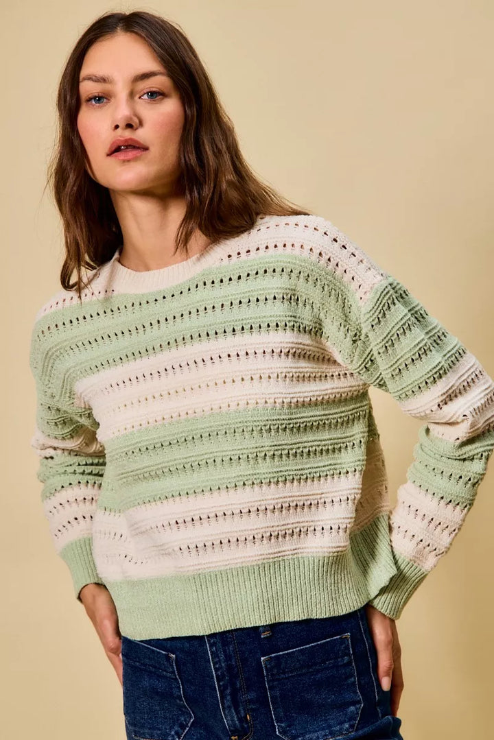 Openwork wide-stripe crew neck knit sweater