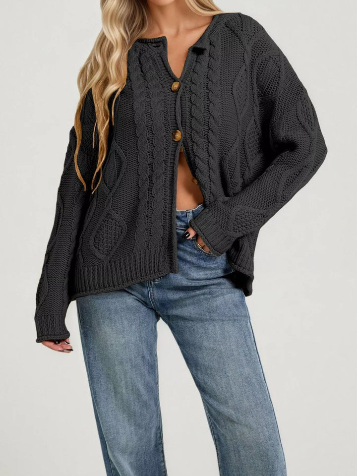 Black Cable-knit button-down cardigan with ribbed trim
