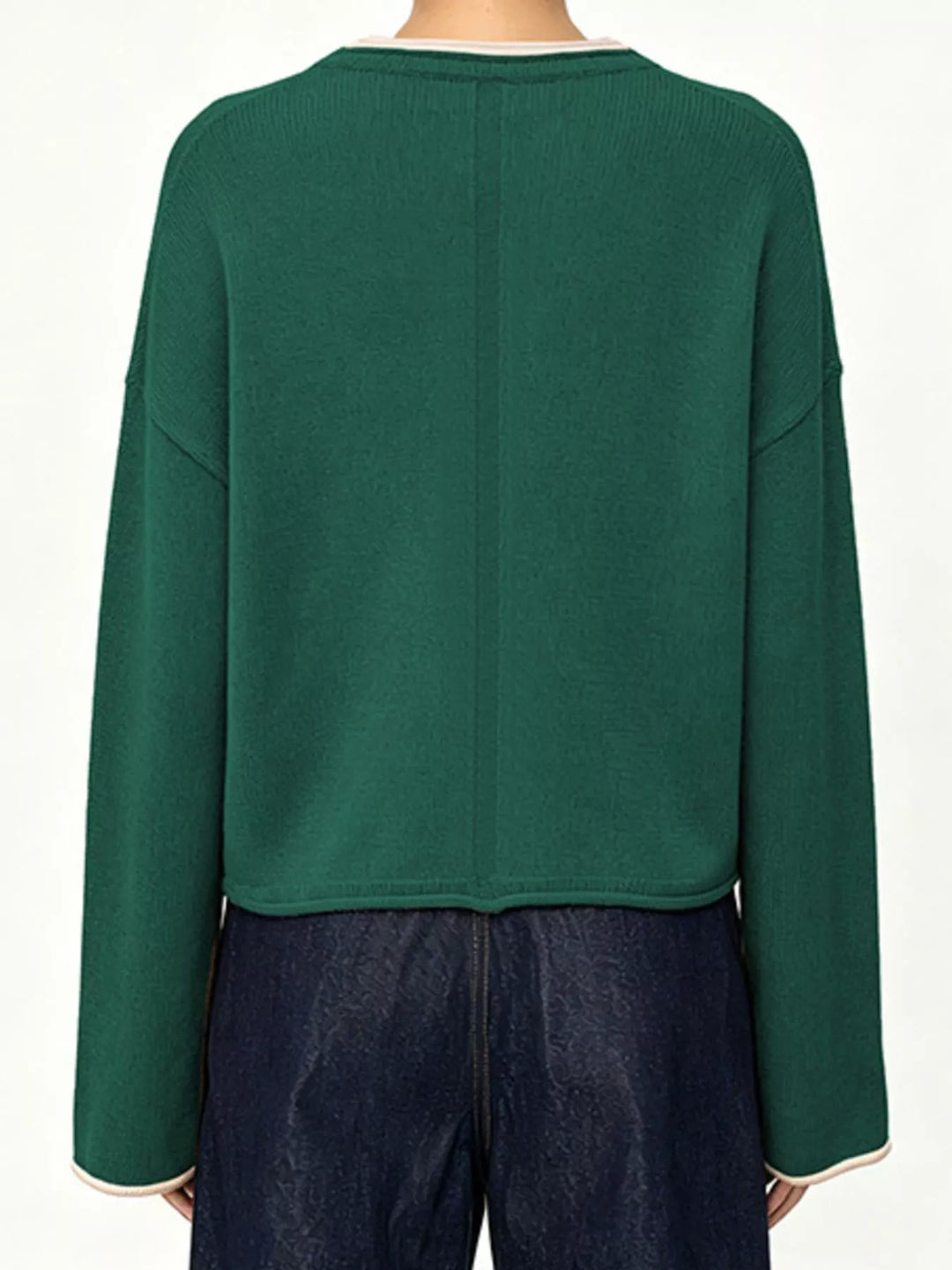 Drop shoulder crew neck sweater with contrast trim