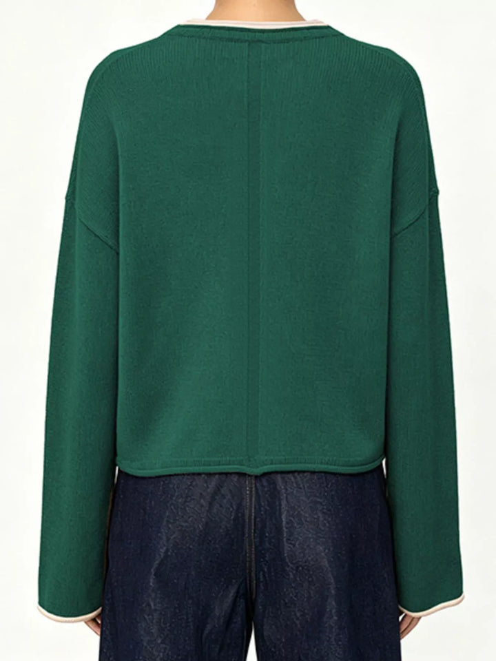 Drop shoulder crew neck sweater with contrast trim