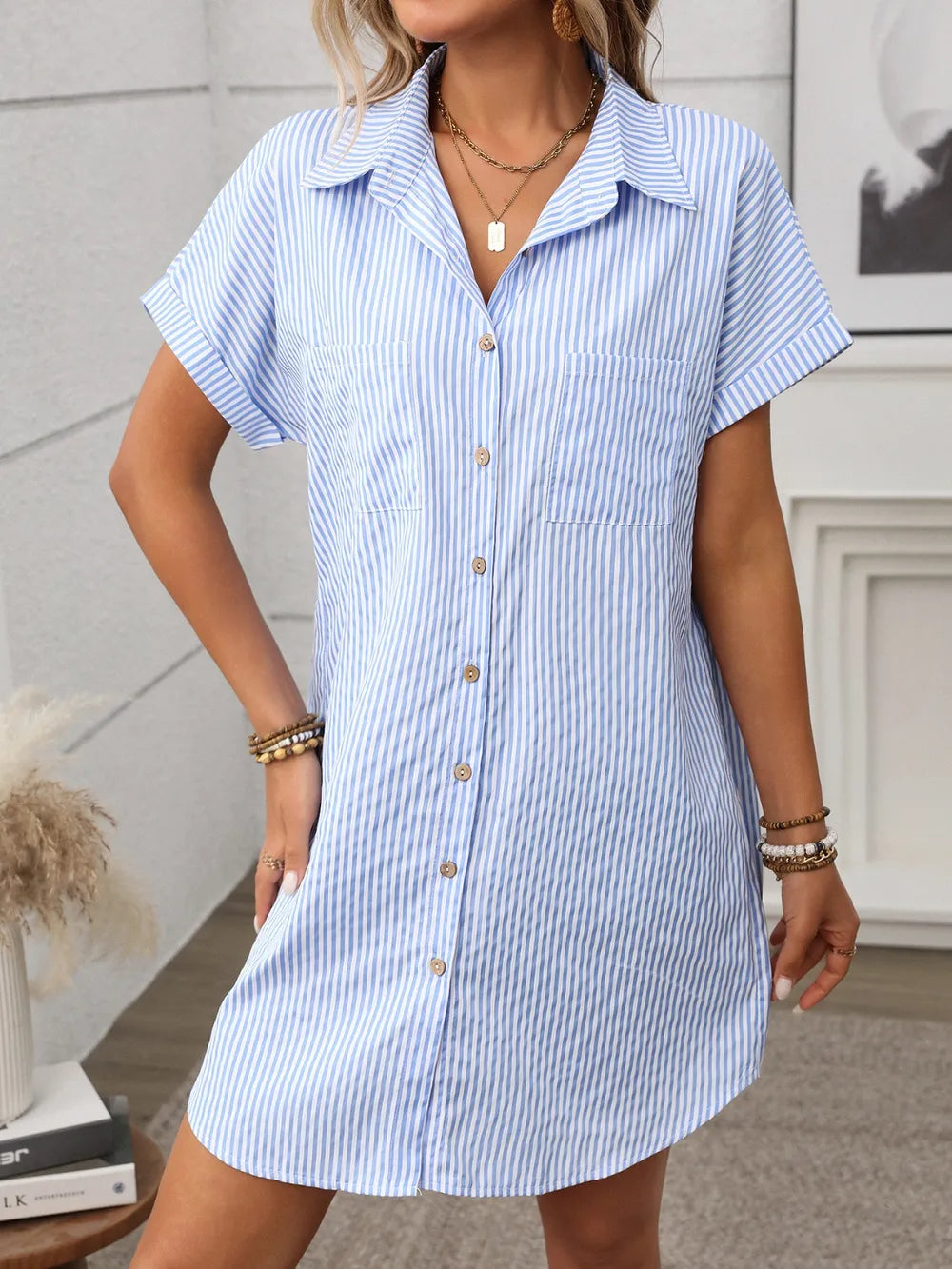 Striped button-down short sleeve mini shirt dress