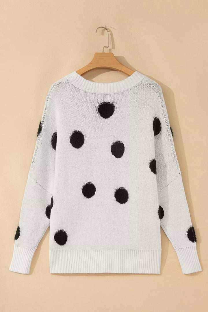 Fuzzy polka dot button-up knit cardigan with pockets