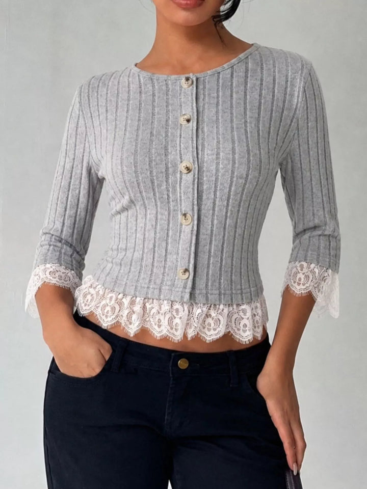 Scalloped lace trim ribbed knit button-down top