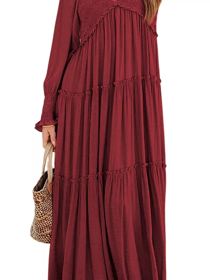 Smocked v-neck tiered maxi dress with long sleeves