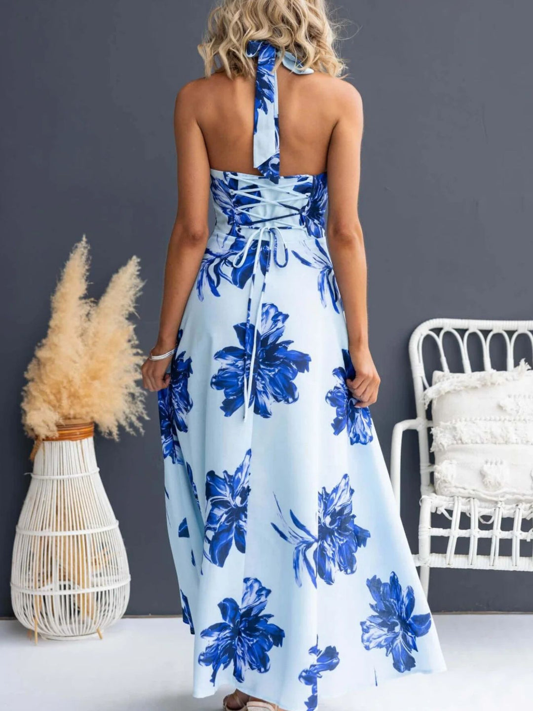 Floral print halter maxi dress with lace-up back