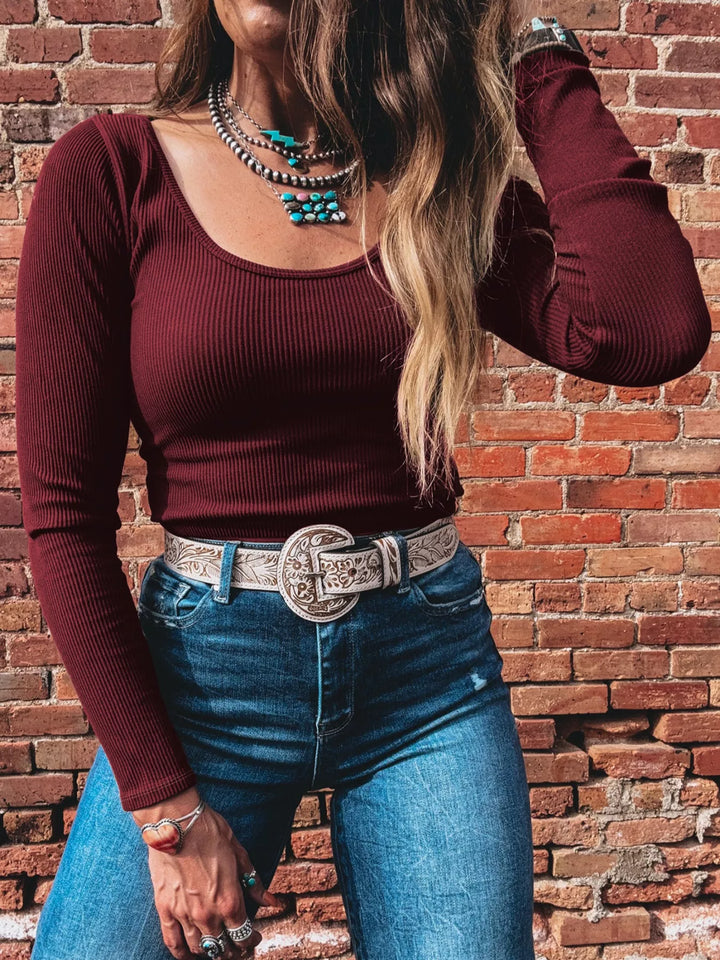Brown Ribbed knit scoop neck long sleeve fitted top