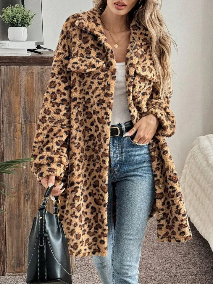 Leopard fuzzy fleece button-up longline coat