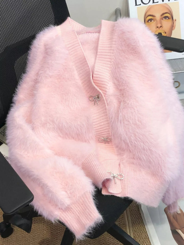 Pink Fuzzy knit cropped cardigan with rhinestone bow buttons