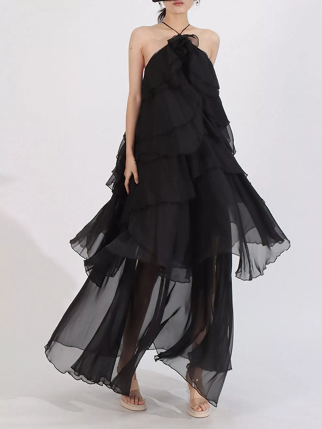 Black Tiered ruffle chiffon halter maxi dress with rosette