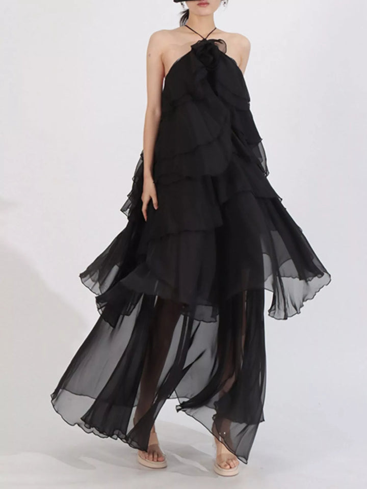Black Tiered ruffle chiffon halter maxi dress with rosette