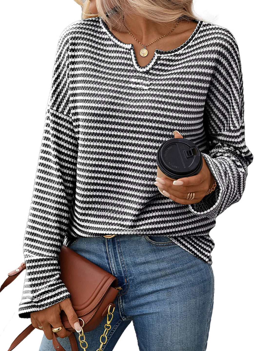 White/Black Striped waffle-knit notched neck long sleeve top