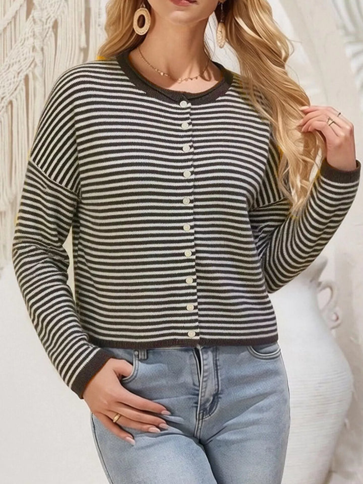 Brown Stripes Striped button-front knit cardigan with drop shoulders