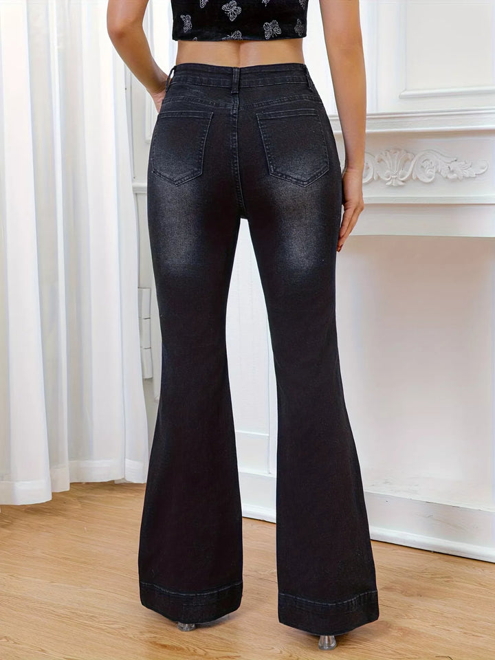 High-rise rhinestone flare jeans with whiskered fade