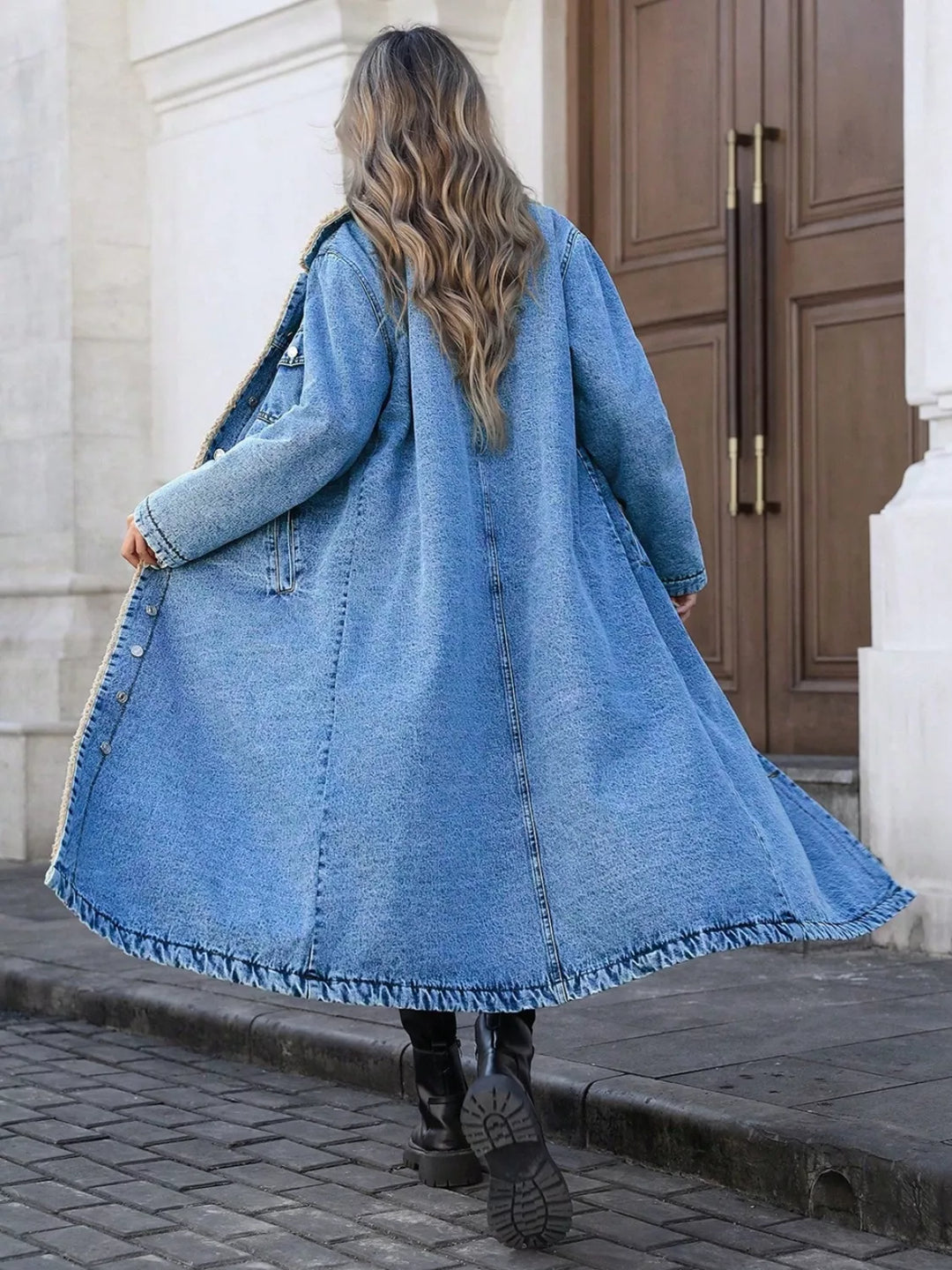 Sherpa-lined longline button-front denim jacket