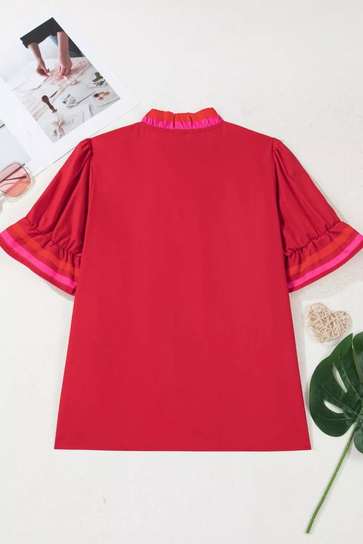 Puff sleeve notched blouse with striped ruffle cuffs