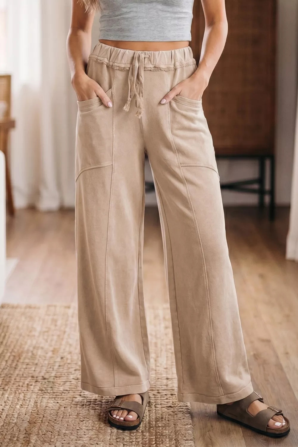 Khaki Mineral wash high-rise wide-leg drawstring pants