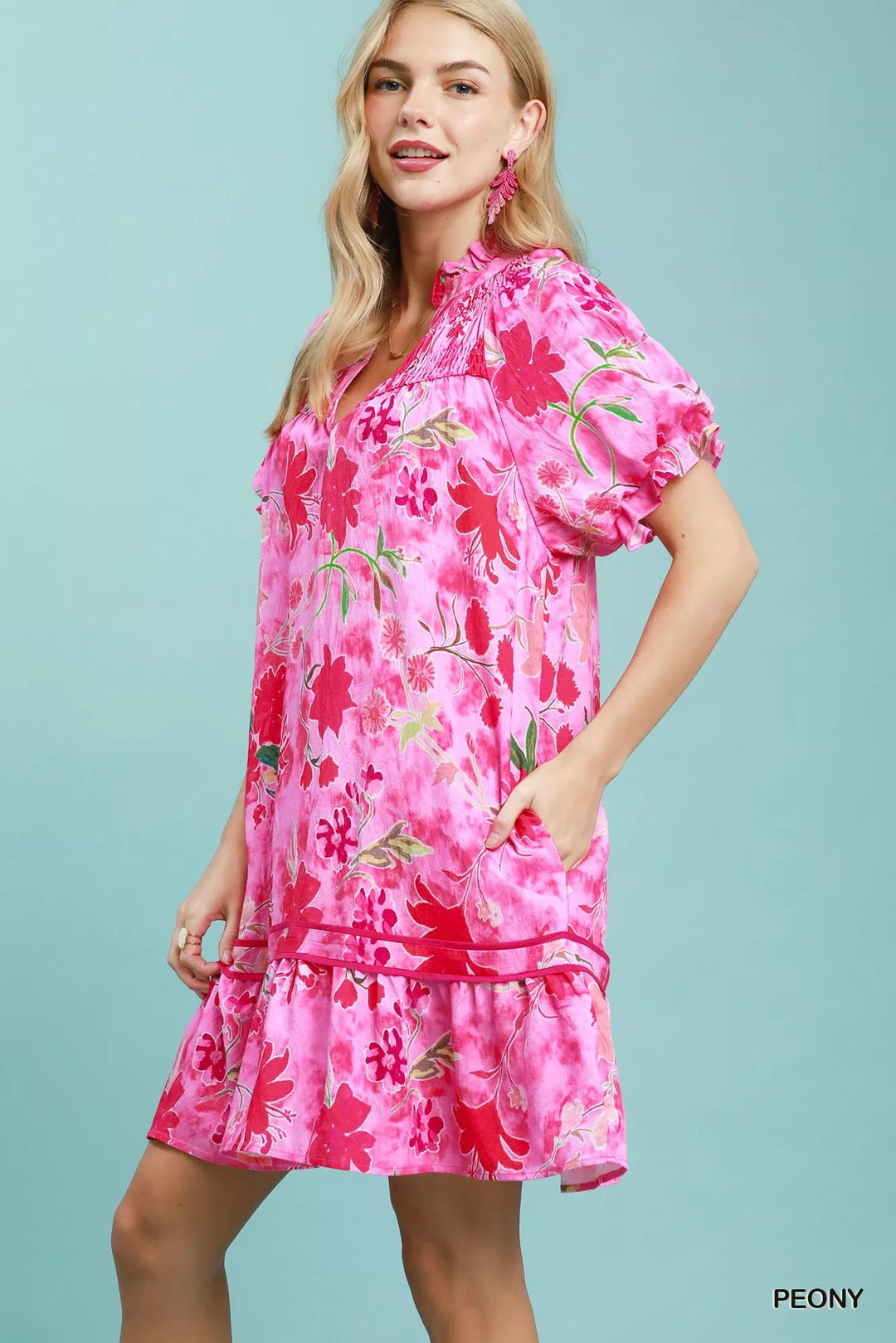 Floral puff sleeve mini dress with tiered ruffle hem