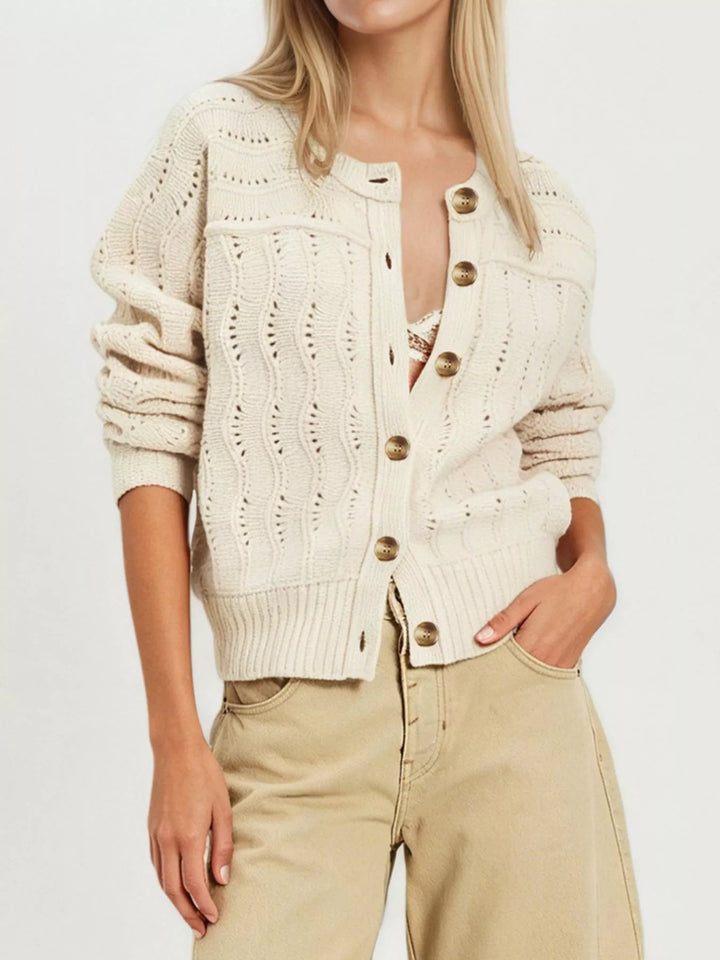 Apricot Openwork pointelle knit button-down cardigan