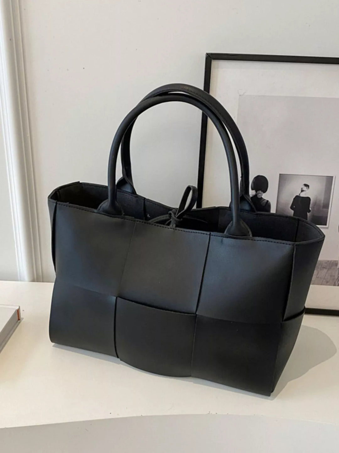 Black Woven faux leather tote bag with basketweave panels