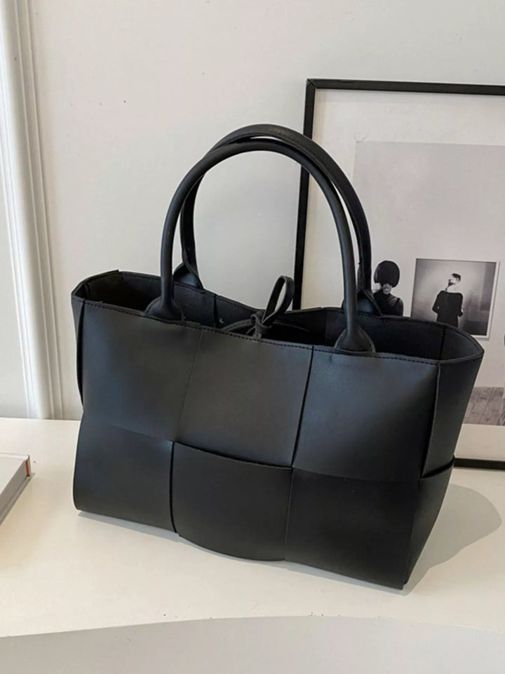 Black Woven faux leather tote bag with basketweave panels