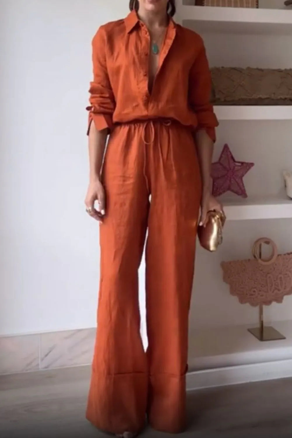 Long sleeve button-down shirt and wide-leg drawstring pants set