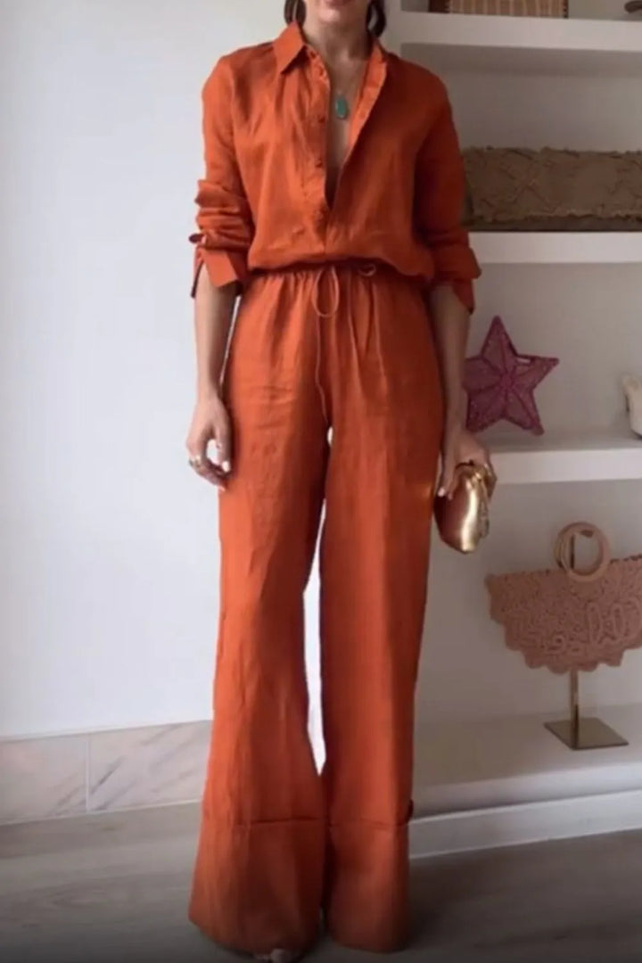 Long sleeve button-down shirt and wide-leg drawstring pants set