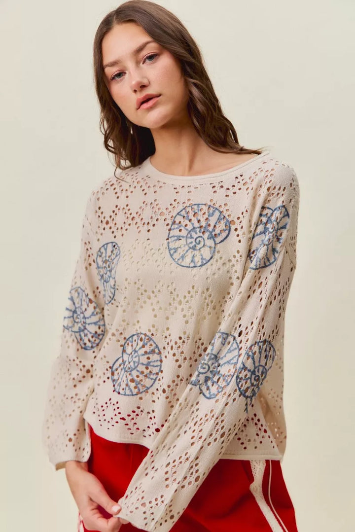 Seashell motif openwork knit long sleeve top