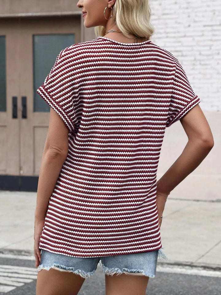 Striped V-neck relaxed short sleeve knit top