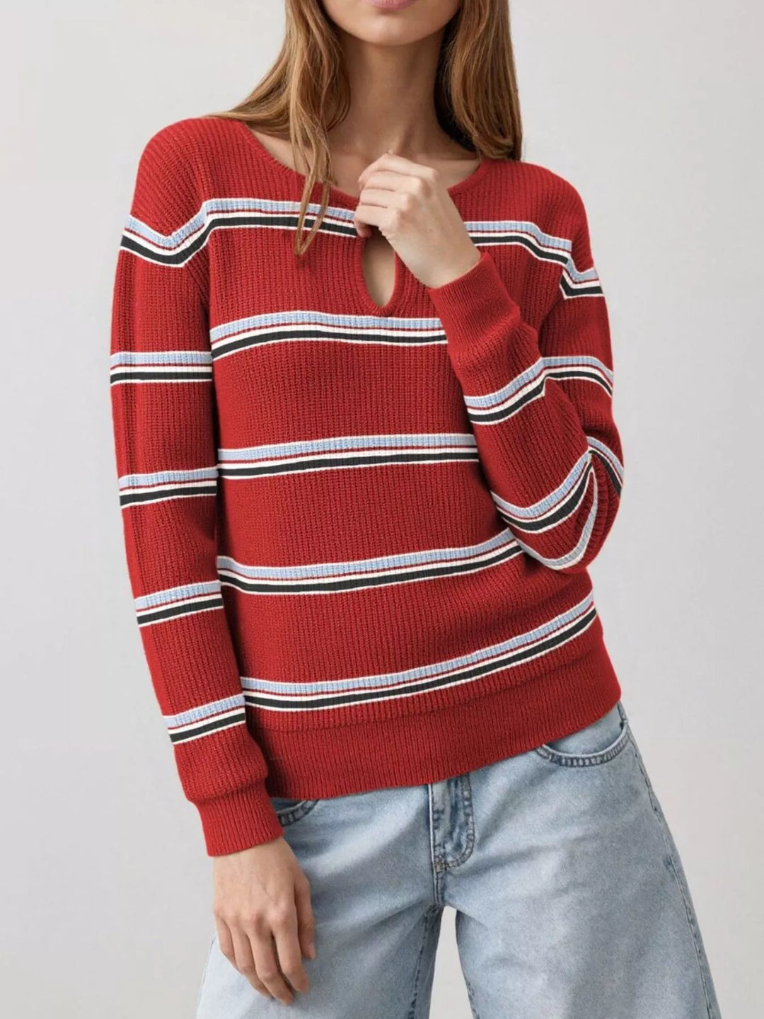 Red Striped ribbed knit sweater with keyhole neckline