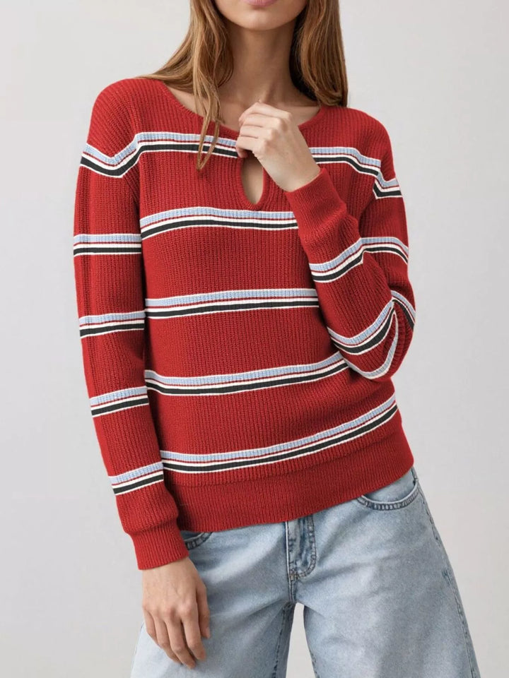 Red Striped ribbed knit sweater with keyhole neckline
