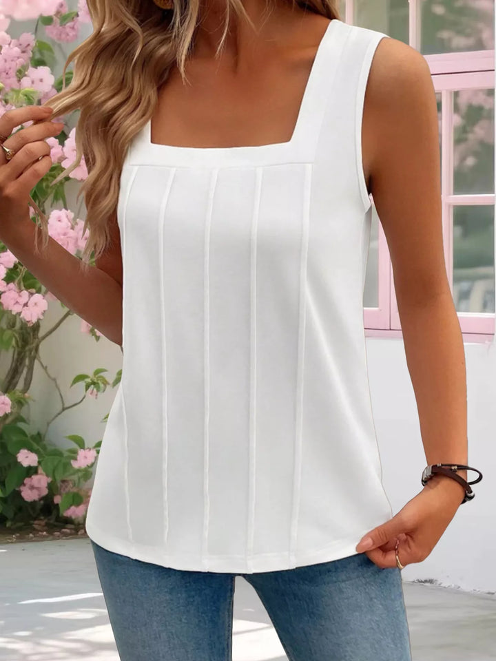 Square neck pleated tank top with vertical pintuck detail