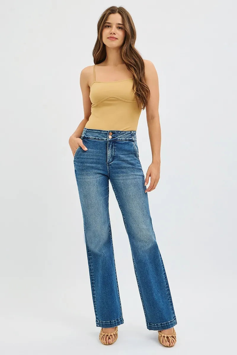 High-rise tummy-control bootcut jeans with double-button waistband